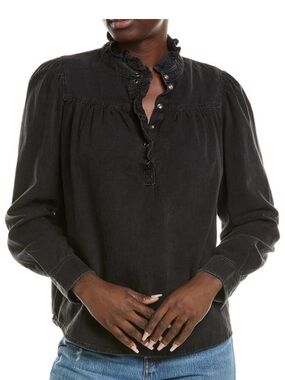 ba&sh Black Milac Ruffle-Trim Long Sleeve Henley Blouse